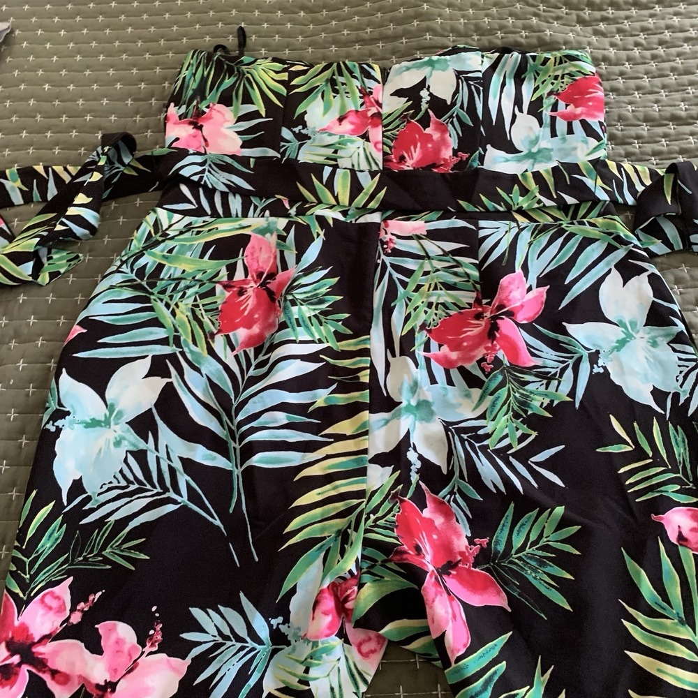 New York & Company tropical strapless romper black floral pattern Tie Belt SZ-XL - Picture 14 of 14